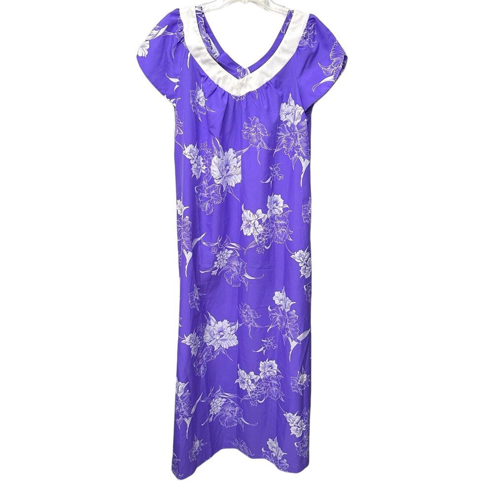 Vintage Hilo Hattie Sz Medium Purple Floral Hawaiian Long Maxi Dress Hawaii
